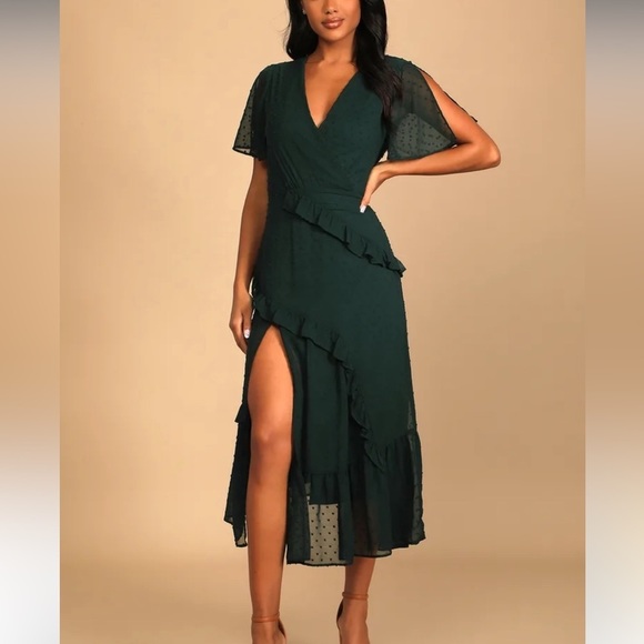 Lulus Dresses & Skirts - Lulus Emerald Green Swiss Dot Ruffled Midi Dress